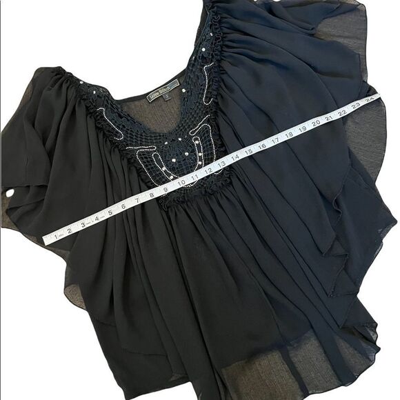 LOVE STITCH Black Flowy Embellished Deep Ab Flutter Sleeve Loose Fit Top S - Picture 4 of 8